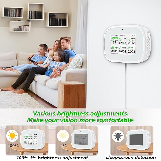 18-in-1 Smart Air Quality Monitor - Indoor WiFi Air Quality Detector with Dual Chip, Real-Time for AQI, CO2, PM2.5, PM1.0, PM10, TVOC, HCHO, Time, Temperature & Humidity with APP (White-White)