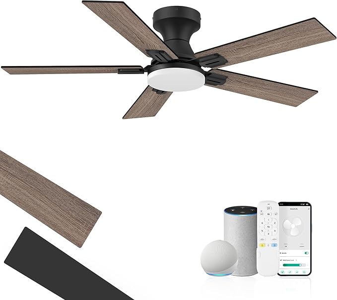 42" Smart Low Profile Ceiling Fan with Lights Remote,6 speed Quite DC Motor,WIFI Voice Control via Alexa App,Dimmable LED,Outdoor Indoor Flush Mount Fans for Small Bedroom Patio Porch,Black&Walnut
