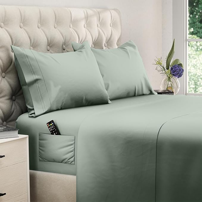DREAMCARE Full Size Sheets Set - 4 Pcs Cooling Bed Sheets with Up to 15" Deep Pockets - Soft, Long-Lasting 100% Brushed Polyester with Side Pocket (Sage Green)