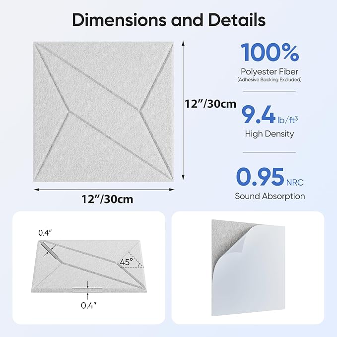 12 Pack 12" X 12" X 0.4" Acoustic Panels for Wall Sound Absorbing, P-Stripes Square Self-Adhesive Sound Panel, High Density Suitable for Multiple Scenarios(Snow White)
