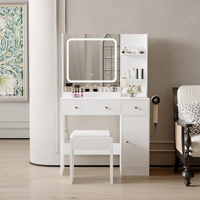 Vanity Desk with Mirror and Lights,Power Outlet,Makeup Vanity Table Set with Storage Drawers Shelves Cabinet& Chair,3 Lighting Modes & Adjustable Brightness,Dressing Table for Bedroom