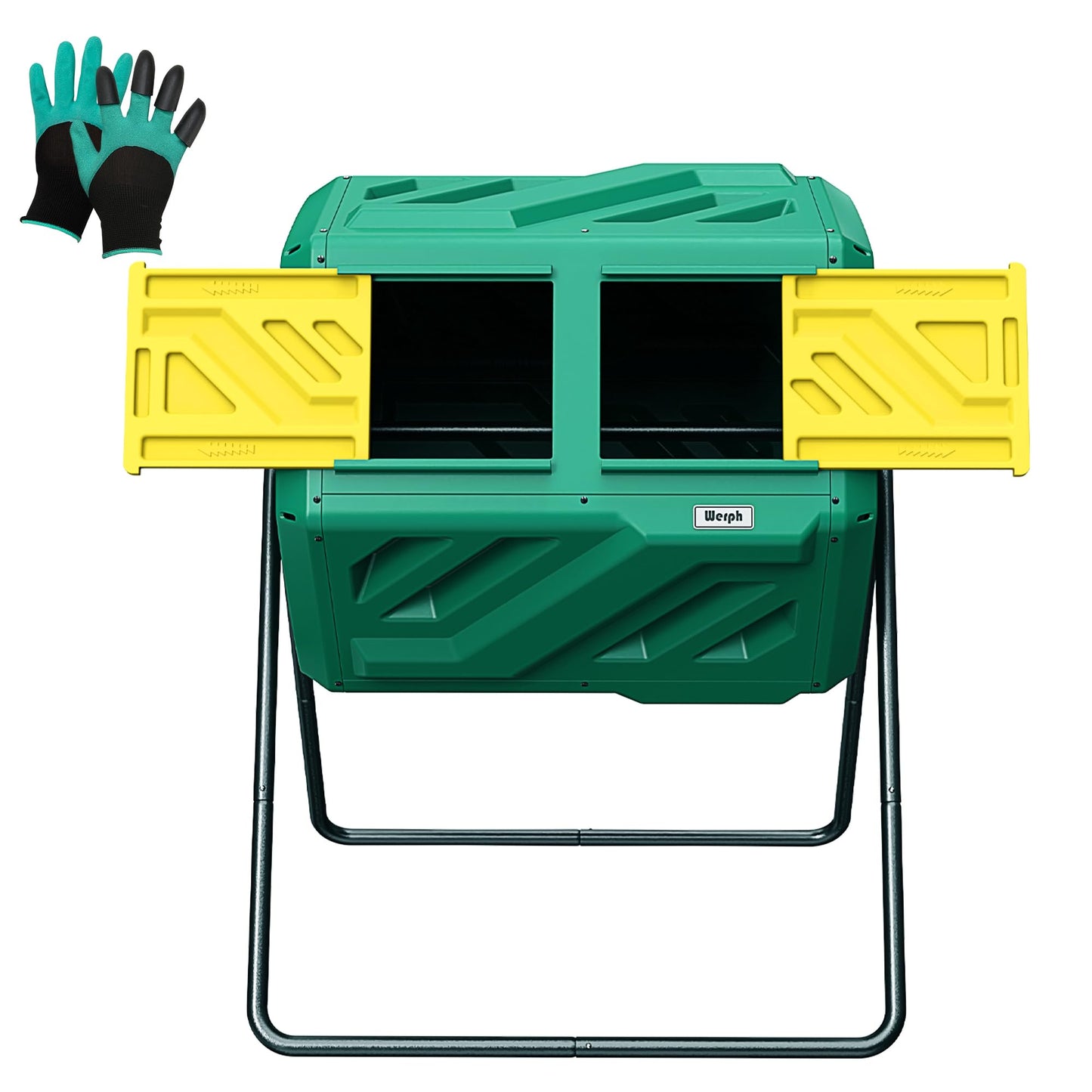Werph 43 Gallon Compost Bin with Gloves, Fast Assembly & Easy Setup Outdoor Compost Tumbler, Updated Dual Chamber Tumbling Composter for Garden, Kitchen, and Yard Waste, Green