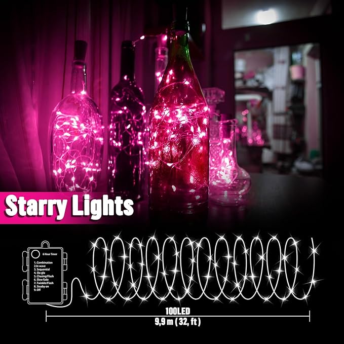 LAMPHOME 100 LED Pink Valentine Lights, Valentine's Day Fairy Lights Battery Operated, Silver Wire Twinkle String Light Multi Functions & Timer with Remote for Indoor Bedroom Wedding Decorations