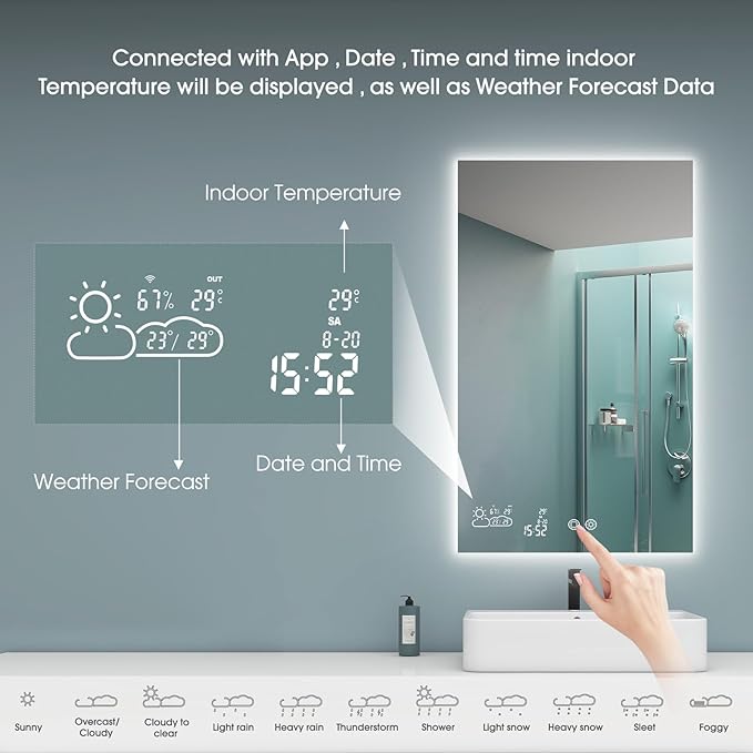 BYECOLD Smart Bathroom Mirror with Bluetooth 36”X 24” WiFi Enabled Weather Display, Fog Free, Backlit Frameless Brightness Adjust, Memory Function Touch Sensor - Horizontally Only