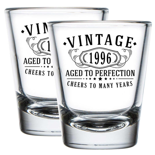 Vintage 1996 Printed 2pk 1.75oz Shot Glasses - 29th Birthday Gifts for Women Men - Cheers to 29 years old - 29th decorations for her him - Best Engraved Whiskey Bourbon Gift ideas - Mom Dad 2.0
