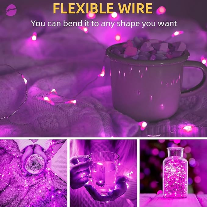 LAMPHOME 100 LED Pink Valentine Lights, Valentine's Day Fairy Lights Battery Operated, Silver Wire Twinkle String Light Multi Functions & Timer with Remote for Indoor Bedroom Wedding Decorations
