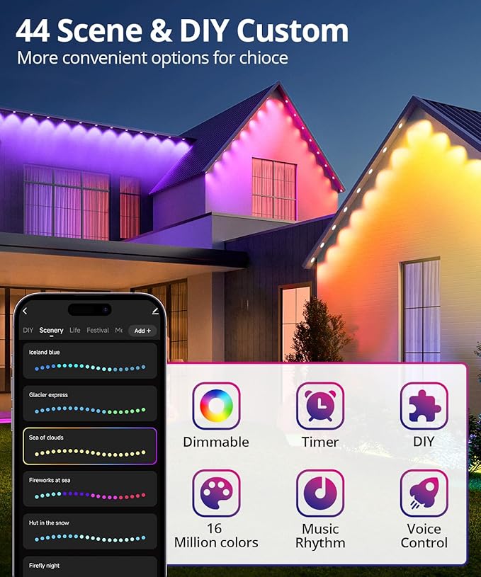 Smart Permanent Outdoor Lights, 100ft with 72 LED RGB String Lights, IP67 Waterproof Eaves Light with 44 Scene Modes for Halloween Christmas Birthday Holiday Party, APP/Voice/Remote Control