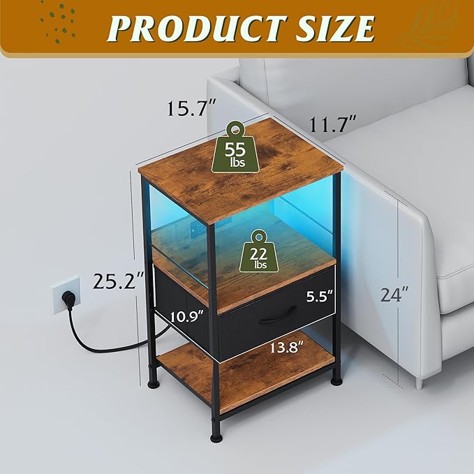WLIVE LED Night Stand, Nightstand with Charging Station, Small Bed Side Table with Fabric Drawer and Open Shelves, Tall End Table with USB Ports & Outlets, Black and Rustic Brown