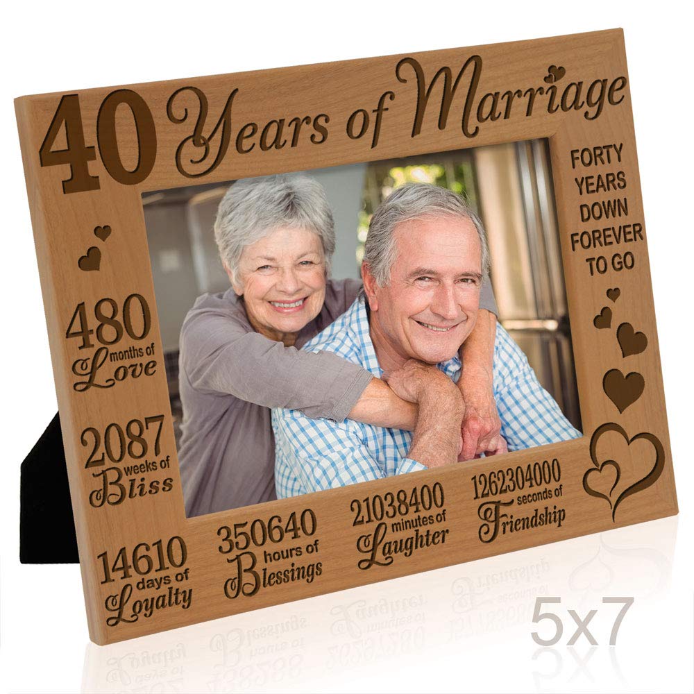 KATE POSH 40 Years of Marriage Engraved Natural Wood Picture Frame, 40 Years Together as Husband and Wife, 40 Years Down Forever to Go, 40th Anniversary (5x7 Horizontal)