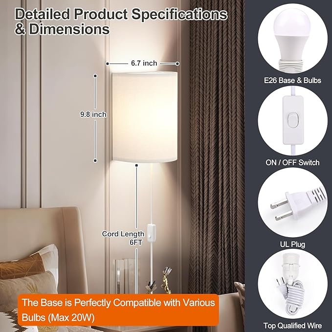 Plug in Wall Sconces Set of Two: Wall Lights with On/Off Switch - Stepless Color Temperature Wall Mount Lamps - Fabric Linen Wall Sconce for Bedroom Living Room & Hallway- Indoor Corded Wall Sconces