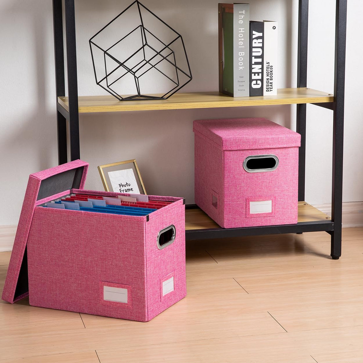 PRANDOM File Organizer Box - Set of 1 Collapsible Decorative Linen Filing Storage Hanging File Folders with Lids Office Cabinet Letter Size Pink (14x9.3x10.8 inch)