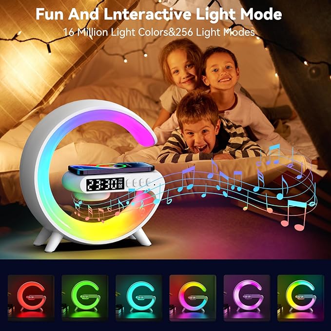 Mini LED Table Lamp with 4-in-1 Wireless Charger, Night Light, Sunrise Alarm Clock, Bluetooth Speaker, Smart Atmosphere Table Lamp for Bedroom, Office, Home Decor (White)