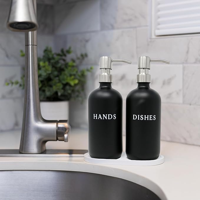 Black Glass Hand and Dish Soap Dispenser Set with Bamboo Tray – 16 oz Kitchen Soap Dispenser Set, Stainless Steel Pumps, Silicone Funnel – Modern Farmhouse Kitchen Sink Decor and Accessories
