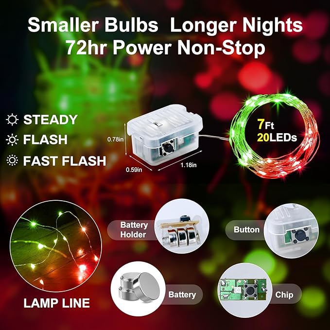 Aogist 24 Pack Fairy Lights 3 Modes 7ft 20 LED Waterproof,Battery Operated Silver Wire Firefly Starry Moon Mini String Lights for Mason Jars Christmas DIY Crafts Wedding Party Bedroom,Red&Green