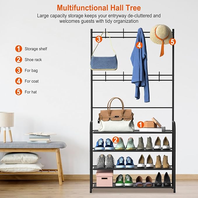 iMounTEK Coat Hat Rack Shoe Storage Shelf Rack Freestanding Hall Tree Garment Hanger Stand Clothes Organizer/4 Tier