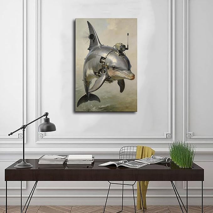 Framed Steampunk Mechanical Dolphin Wall Art - Marine Retro-Futuristic Poster for Beach House Living Room Decor 08x12inch(20x30cm)