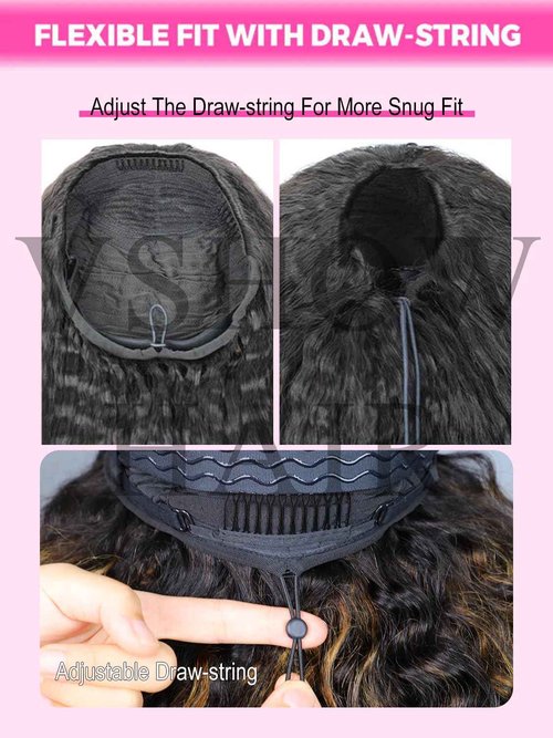 V SHOW Wear Go Glueless Half Wig Human Hair 1B/30 Highlight Water Wave Bod Wigs 3 In 1 Curly Half Wigs 180% Density Drawstring Seamless Fit Strap Flip Over Headband Wig 12 Inch Beginner Friendly