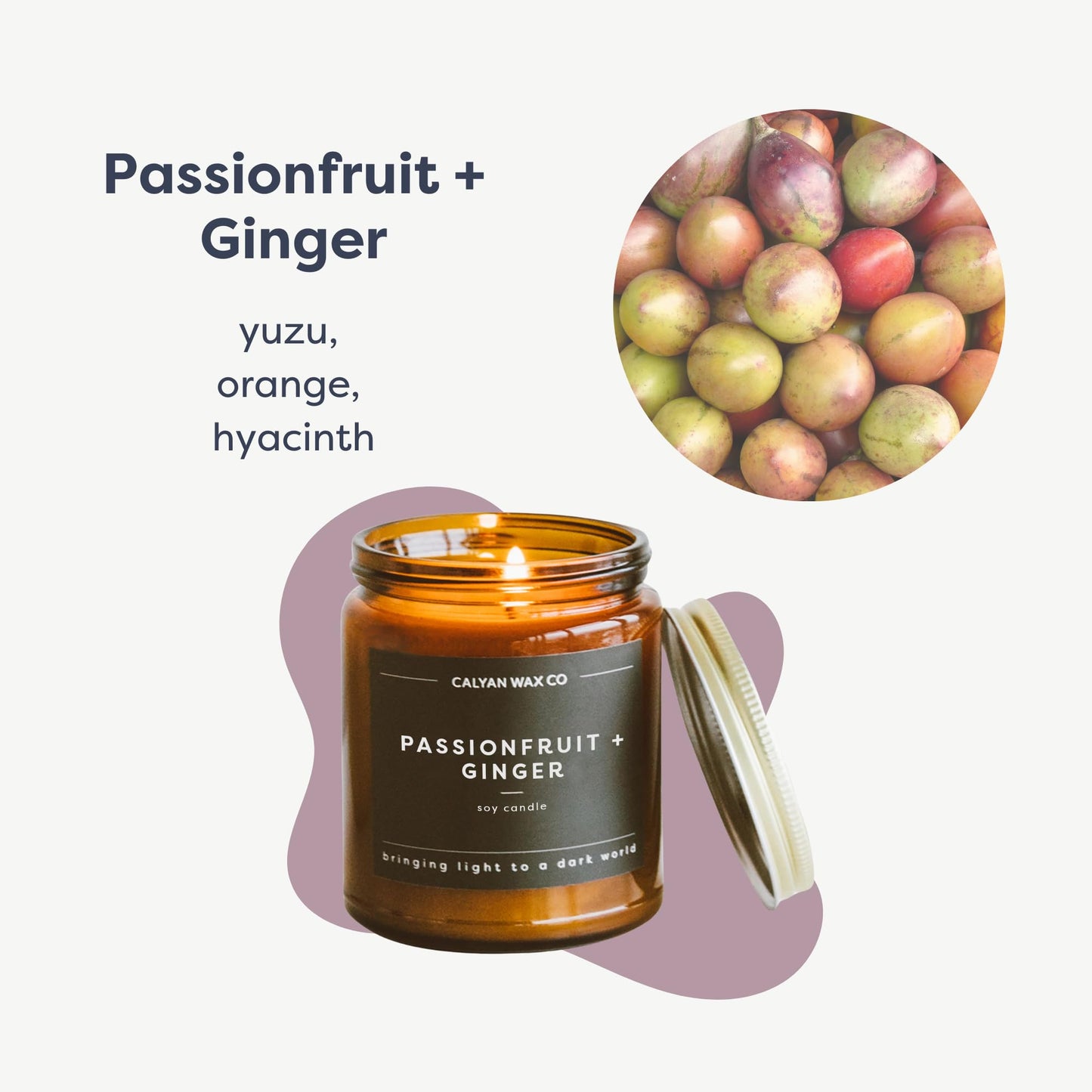 Calyan Wax Co. Soy Wax Candle, Passionfruit + Ginger Scented Candle, 57 Hour Burn Time, Aromatherapy Soy Candles, Non Toxic & Vegan Soy Wax, Amber Glass Jar Scented Candles, 7.2oz
