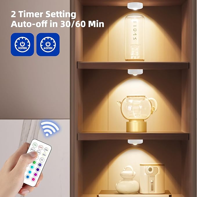 LED Puck Lights with Remote Control, 13 Colors Battery Operated Tap Lights, Dimmer& Timer Magnetic Under Cabinet Light, Wireless Stick on Light for Closet, Bedroom, Kitchen White 3Pcs