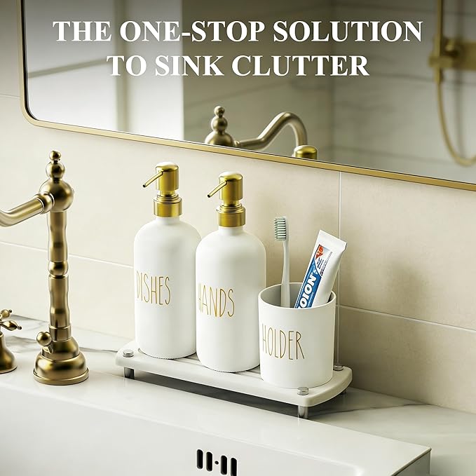 Cisily Gold Kitchen Soap Dispenser Set with Dish Brush Holder, Dish and Hand Soap Dispenser Set with Stainless Steel Pumps, Instant Dry Tray, Suitable for Kitchen Decor and Accessories(Gold&White)