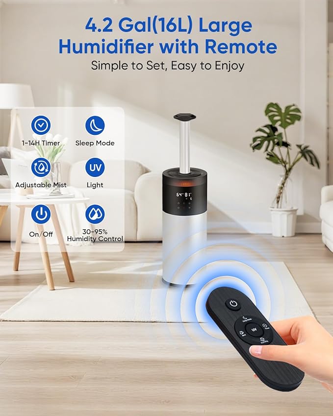 Humidifier Large Room, 16L/4.2Gal Whole House Humidifiers for Home 2000 sq.ft, Ultrasonic Cool Mist Humidifier for Bedroom, Plants, Baby