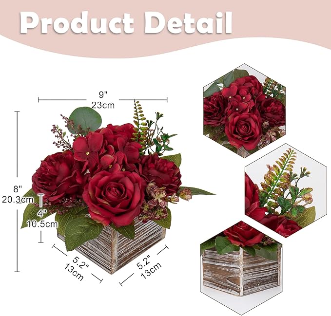 Flower Arrangement with Wooden Vase 8" Artificial Flowers in Pot - Fake Flowers Roses Peonies Hydrangeas in Wooden Vase Potted Artificial Flower Centerpieces for Table Decor Living Room - Red
