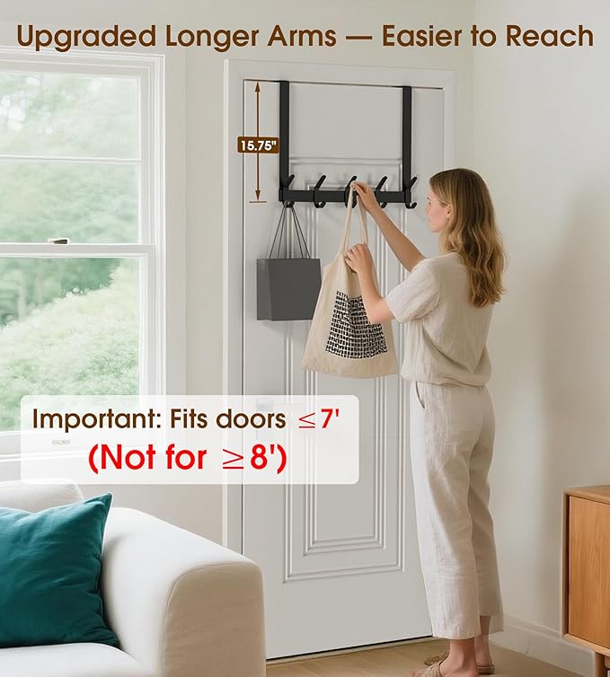 KitchLife Over The Door Hooks Hanger with 15.75 inches Extended Arms, Fit for 1-3/8" Doors, J40U, Thickened Bathroom Towel Rack Organization, 1 Pack Double-Hook, Matte Black
