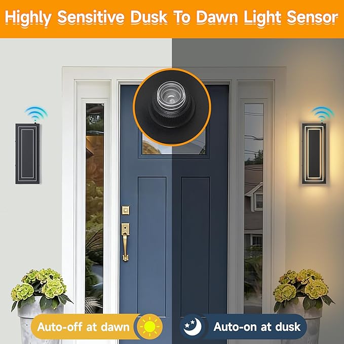 Dusk to Dawn Outdoor Wall Light,15.7 in Black Exterior Light Fixtures,2-Tier Waterproof Modern Outside Lights for House,Porch,Garage,Front Door,Patio with 24W 3000K Warm White Light,1 Pack