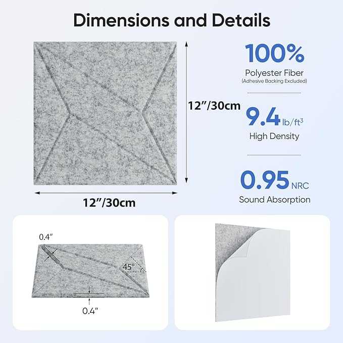 12 Pack 12" X 12" X 0.4" Acoustic Panels for Wall Sound Absorbing, P-Stripes Square Self-Adhesive Sound Panels, High Density Suitable for Multiple Scenarios(Silver Gray)