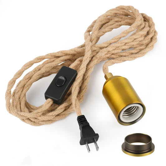Plug in Pendant Light Kit with Switch - 15 FT Braided Woven Rope Light Bulb Cord, E26 Socket, Vintage DIY Hardwire Swag Lamp Kit for Pendant & Hanging Lights, Hemp Color