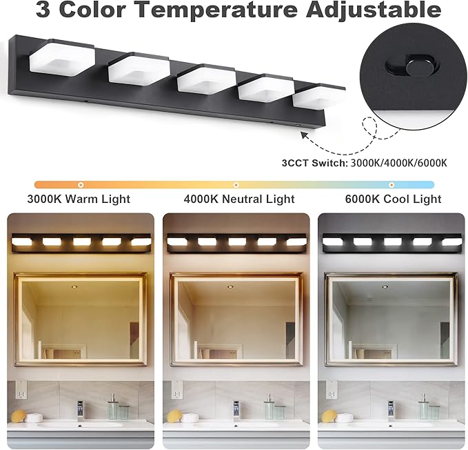 3 Colors Dimmable Black Vanity Light, LED Bathroom Light Fixtures over Mirror, Acrylic Stainless Steel Vanity Lighting Fixtures, 5 Light Bathroom Vanity Light,Adjustable 3000K/4000K/6000K,360° Rotate