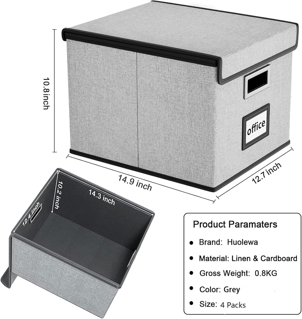 Huolewa Portable File Organizer Boxes Set of 4, Large Linen Hanging Office Document Storage Boxes with Lids, Collapsible Filing & Storage Boxes for Office/Decor/Home - 14.9 x 12.7 x 10.8 inch