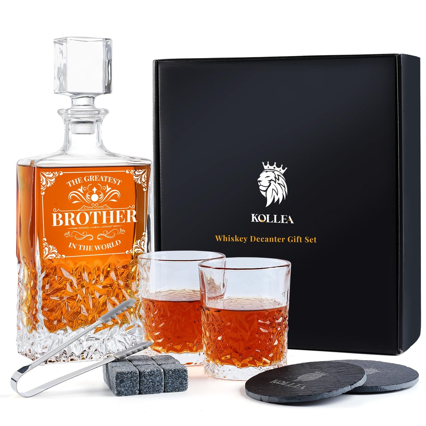 Kollea Christmas Gifts for Brother, 27 Oz Whiskey Decanter Set with 2 Glasses & Whiskey Stones, Best Brother Birthday Gifts from Sister Brother, Unique Cool Anniversary Presents Ideas for Men Him