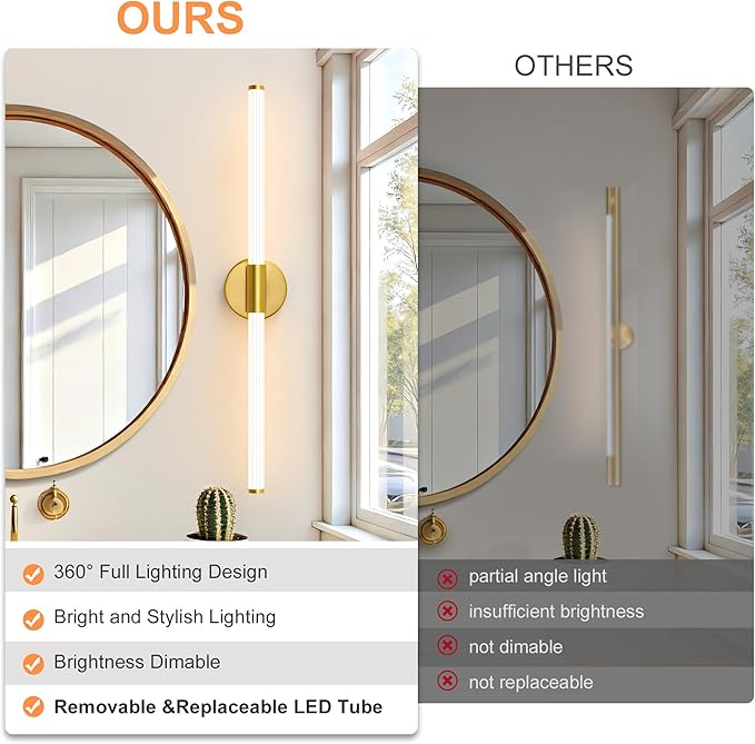 Dimmable LED Bathroom Vanity Lights 360° Full Lighting Bathroom Light Fixtures Over Mirror Vanity Light Bar Modern Wall Sconce Warm White for Bedroom Living Room Hardwired Gold, 30 inch