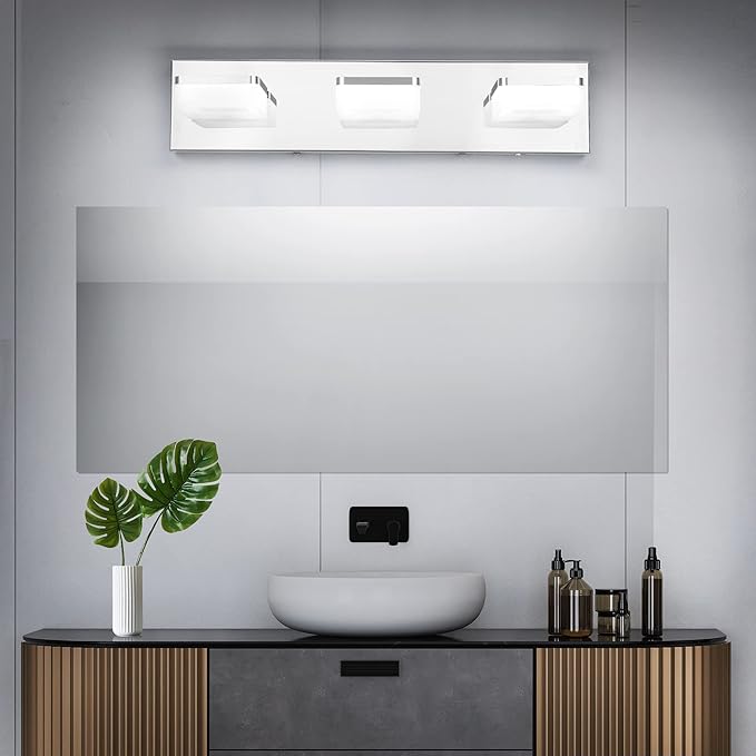 3 Colors Dimmable Bathroom Light Fixtures Over Mirror, LED Chrome Vanity Lights, Acrylic Stainless Steel 3 Light Bathroom Vanity Light, Adjustable 3000K/4000K/6000K, 360° Rotate