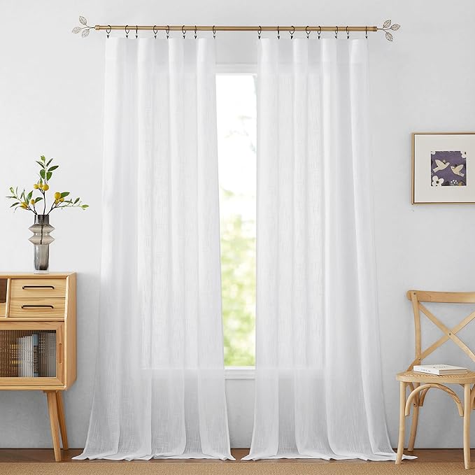 RYB HOME White Sheer Curtains 84 inches, Durable Wrinkle Resistant Light Filtering Textured Short Curtains for Living Room Bedroom Dining Room, W 42 x L 84 inches, 2 Panels Set