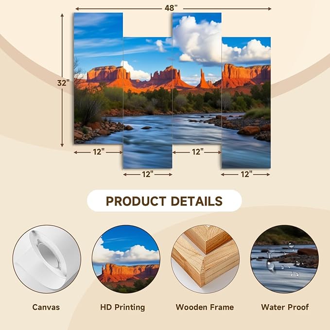 Canvas Wall Art Prints Pictures Cathedral Rock Sedona Framed Posters Modern Wall Painting Artwork Gift Home Decor for Living Room Ready to Hang 4 Panel