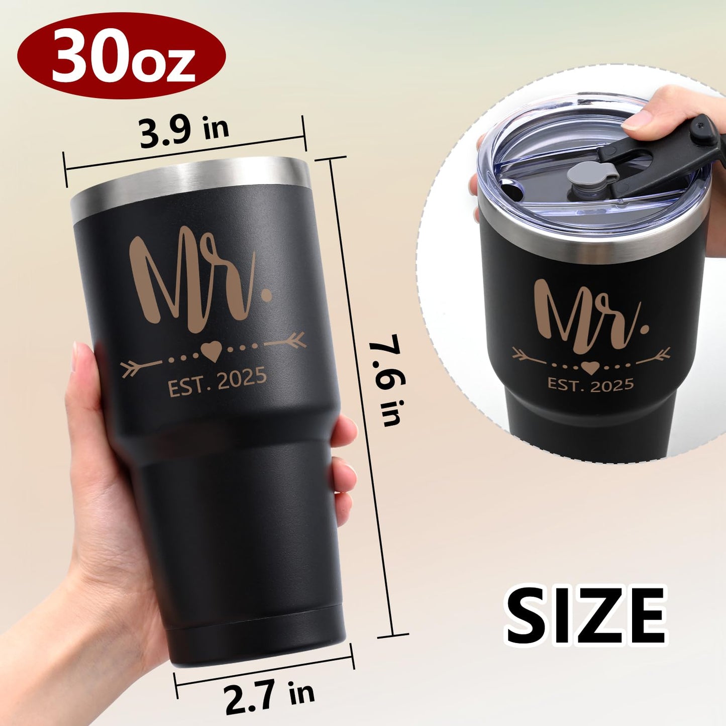 Gtmileo Mr & Mrs EST 2025 Stainless Steel Insulated Tumbler Set, Wedding Gifts for Couples, Bridal Shower Gifts - 30oz, Black&Beige