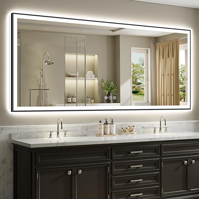96x36 Inch LED Bathroom Mirror with Lights (Front Lit and Backlit) Black Framed Lighted Vanity Mirror for Bathroom Wall Dimmable Anti-Fog Memory Tempered Glass Horizontal/Vertical