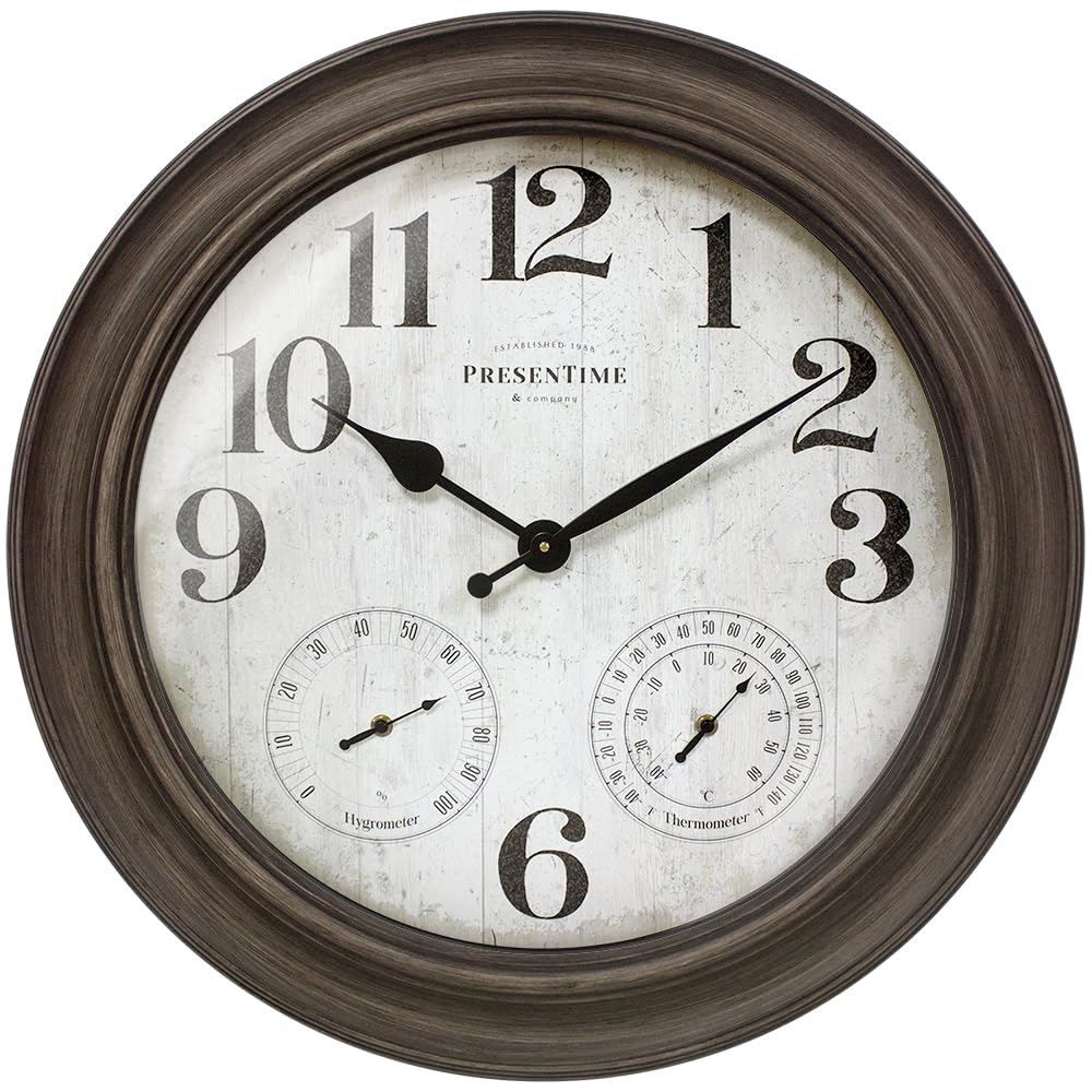 Presentime & Co. 26" Clifton in/Outdoor Farmhouse Clock with Thermometer & Hygrometer as All in One Weather Station, Farmhouse Wall Art and Timepiece for Home Decoration, Grey Oak Finish