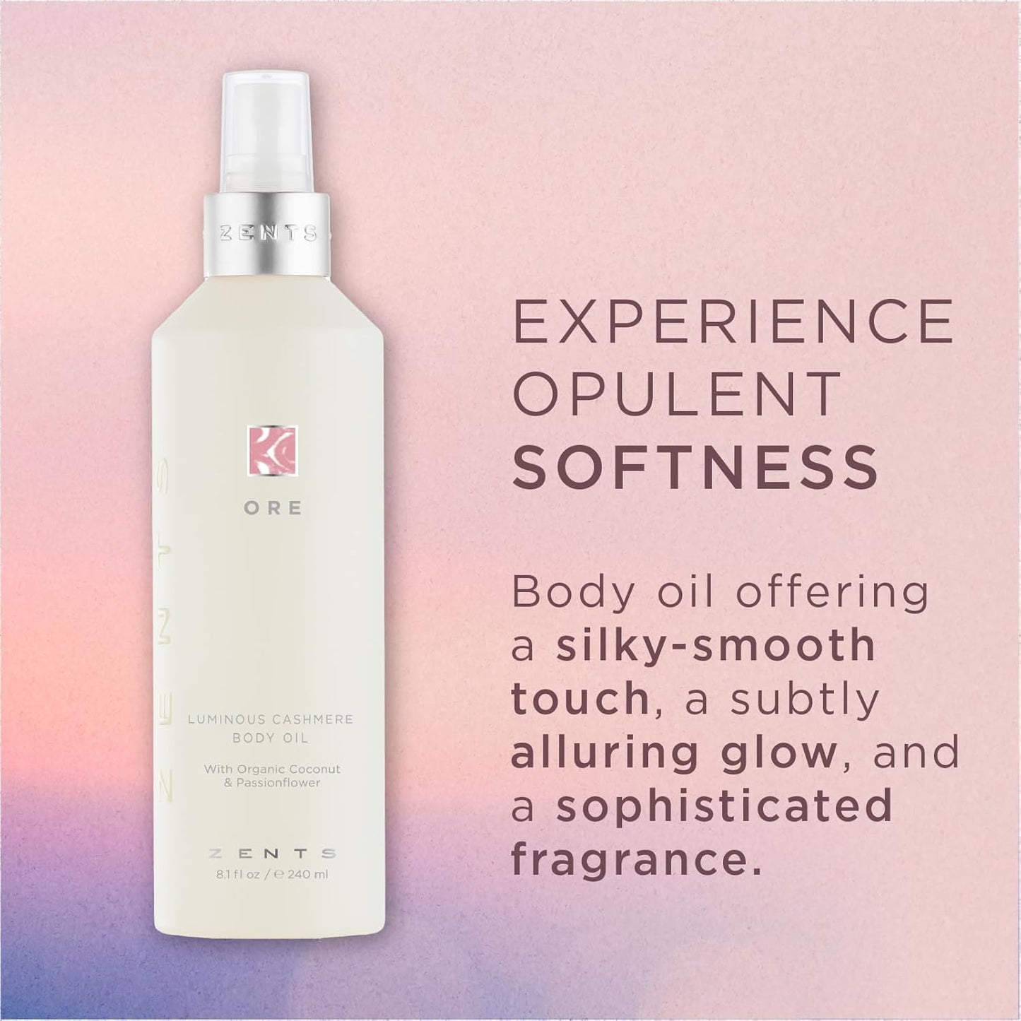 Zents Luminous Cashmere Body Oil (Ore Fragrance) | Moisturizing Body Oil with Vitamin E & Organic Coconut Oil | Softens & Smooths Skin | 8 fl oz