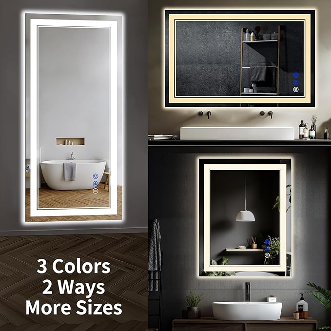 32"x28" LED Bathroom Mirror with Anti-Fog, Stepless Dimmable Lights, 3 Color Modes, Shatter-Proof Tempered Glass,Waterproof Design