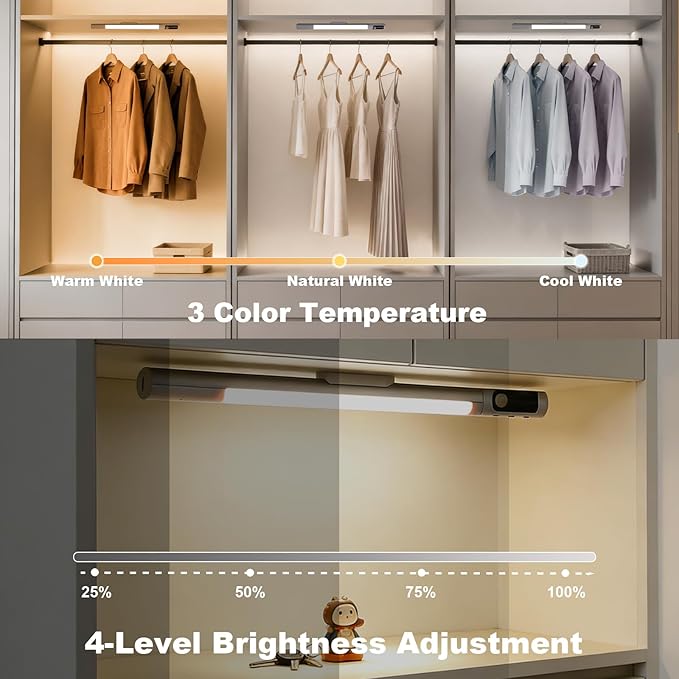 15.2" 2 Pack Motion Sensor Under Cabinet Lighting with Digital Display, 4 Brightness & 3 Color Temperatures, Rechargeable Led Under Cabinet Lights for Closet Cabinet Bedroom Hallway