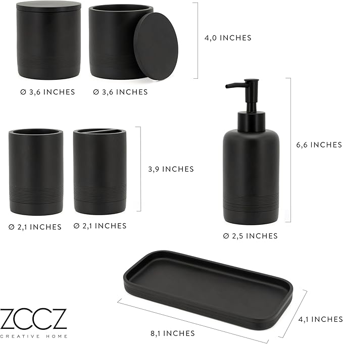 ZCCZ Black Matte Bathroom Accessories Set 6 Pieces - Toothbrush Holder, Lotion Dispenser, Qtip Container, Vanity Tray, Tumbler - Countertop Organizer for Bathrooms - Elegant and Functional Décor Set