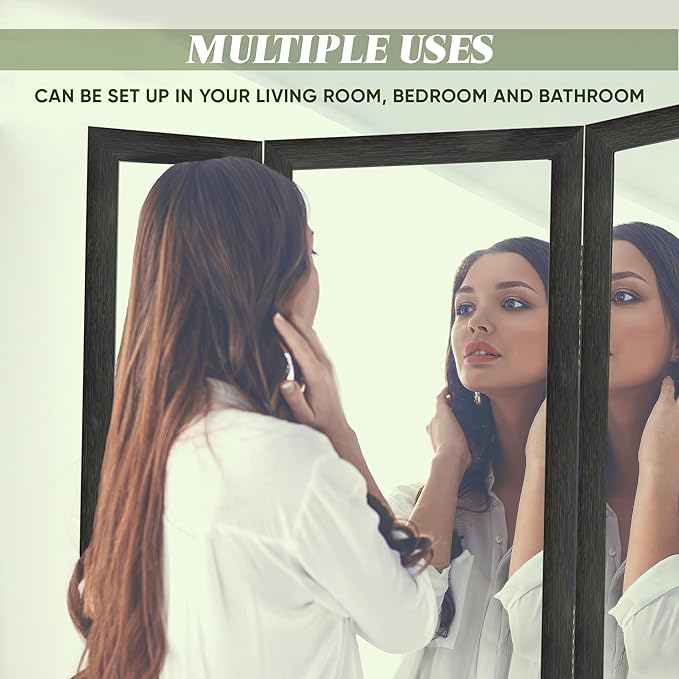 Houseables 3 Way Mirror, Floor Mirror, Full Length, Trifold, Three Way Folding, Floor Standing, Full Body, Wood Framed, 3 Sided for Bedroom, Makeup, Oversized, Foldable, Black, 71 x 32 to 65 Inch