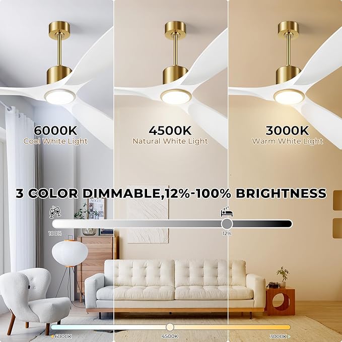 60 Inch Modern White and Gold Ceiling Fan with Lights, 3 Blade, Energy Efficient DC Motor, Smart App & Remote Control, 7230 CFM, 6 Speeds, 3 Light Colors, Indoor/Outdoor