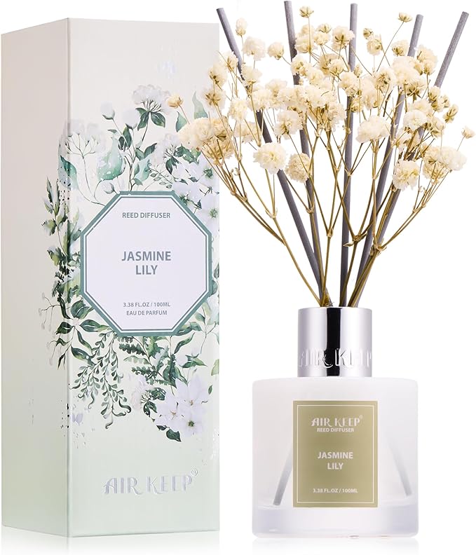 Airkeep Reed Diffuser Set, 3.38 fl oz (100 ml) - Jasmine Lily Lemon Oil Diffusers with 8 Reed Sticks, Home Fragrance Reed Diffuser for Bathroom Shelf Decor