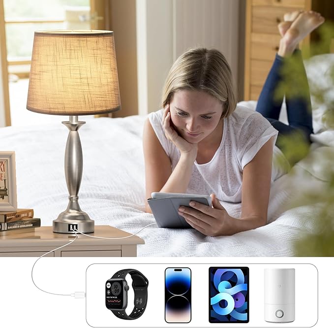 Lamps for Bedrooms Set of 2 - Touch Bedside Lamp with USB C+A, 3 Way Dimmable Nightstand Lamps with USB Port, Brushed Nickel Table Lamp for Living Room Guest Room Bed Side End Table(Mottled Gray)