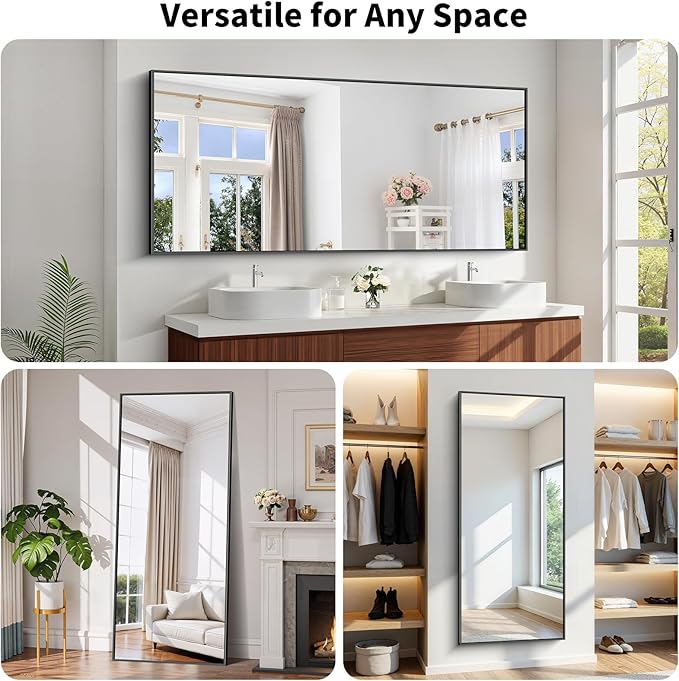 Koonmi Black Framed Bathroom Mirror - Shatterproof 30"x71" Tempered Glass, HD No Distortion, Horizontal/Vertical Mount, Modern Matte Aluminum Alloy Frame