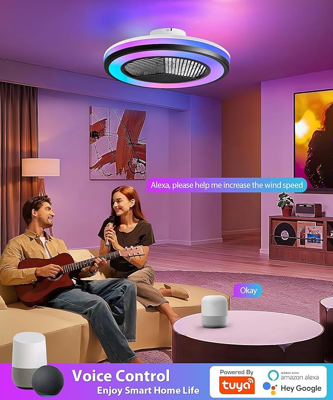 2-in-1 Low Profile Ceiling Fan with Light, 20” Caged Safety Design for Kids - RGB Color, Smart APP/Remote Control, Quiet Flush Mount DC Motor, Triangle, Ideal for Bedroom/Living Room/Kitchen, Black